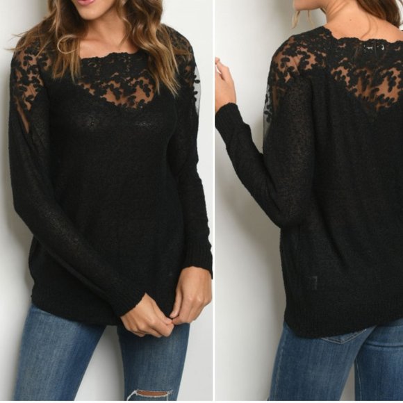 BLACK LACE & KNIT TOP - Picture 1 of 6